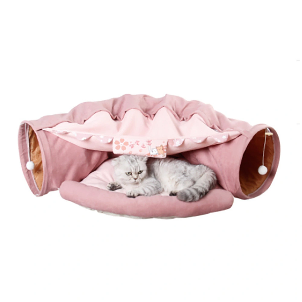 2-in-1 Cat Tunnel Bed, Foldable Soft Cat Tunnel Tubes Toys, Pet Play Bed with Removable Washable Mat